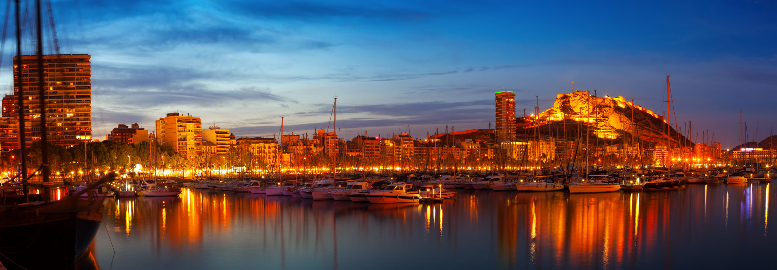 Panorama of port in night. Alicante, Spain